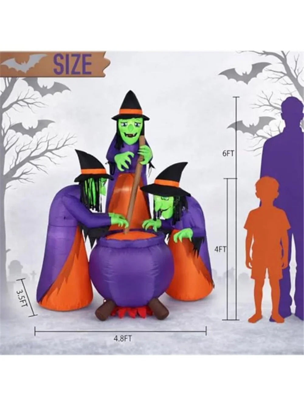 6 FT Halloween Inflatables with Built-in LEDs, Three Witches Around a Cauldron